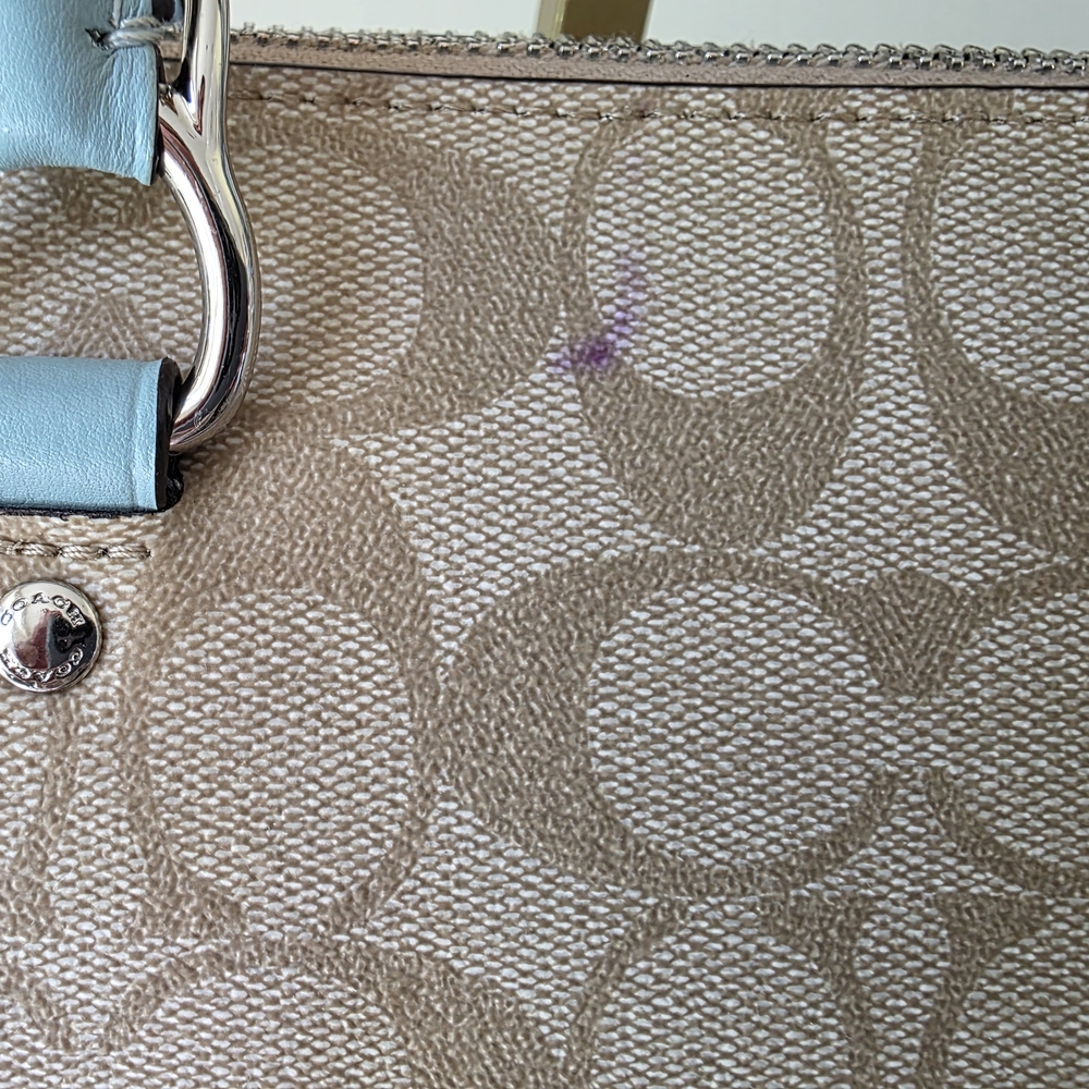Coach Emma Satchel Crossbody Signature Coated Canvas Light Blue Leather Accents - Picture 13 of 15